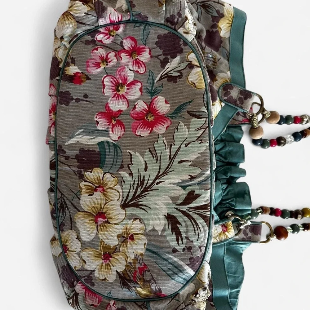 Boho Floral Beaded Handle Tote Bag Canvas Sequin Handbag Teal